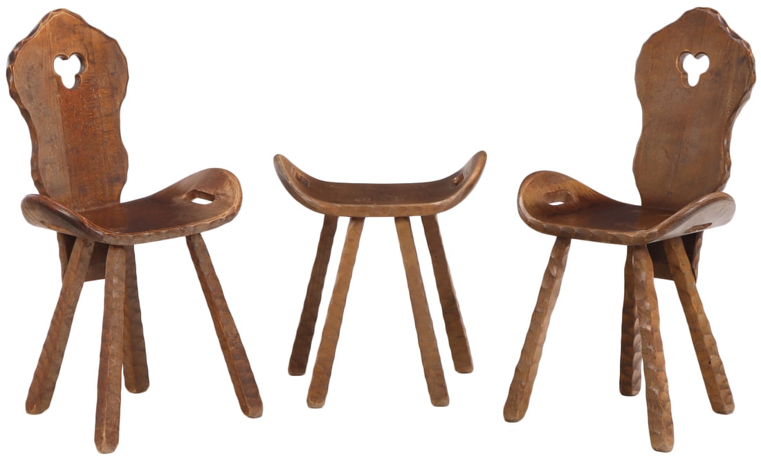 PAIR OF FRENCH MODERN RUSTIC GOUGE CARVED CHAIRS AND A MATCHING STOOL C 1950. (1 of 5)