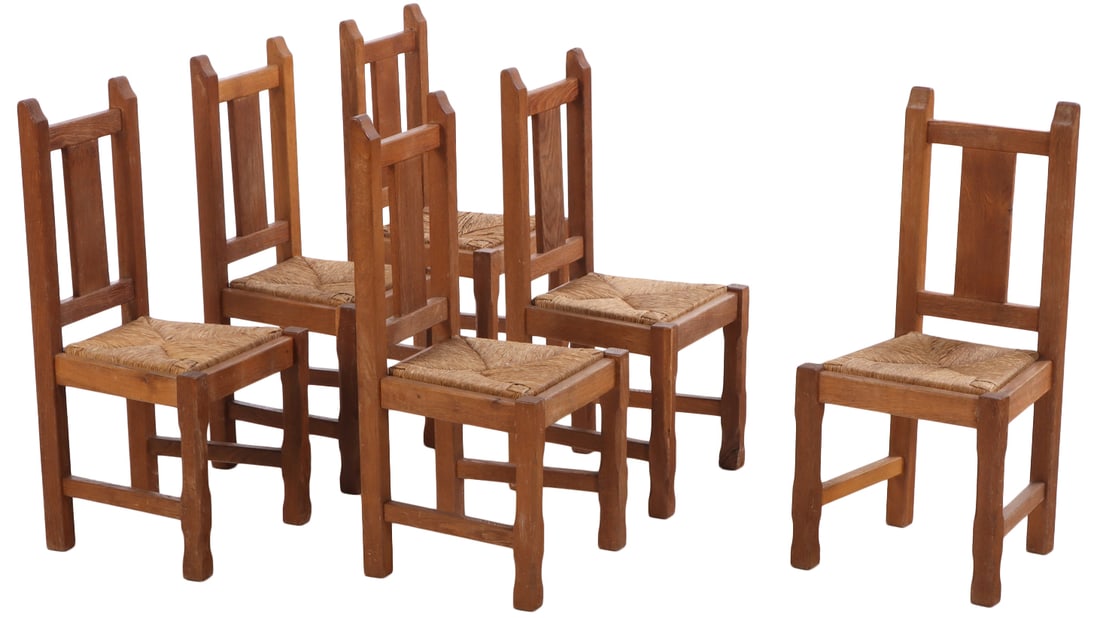 SIX BELGIAN BRUTALIST STYLE OAK AND RUSH DINING CHAIRS C 1960. (1 of 8)