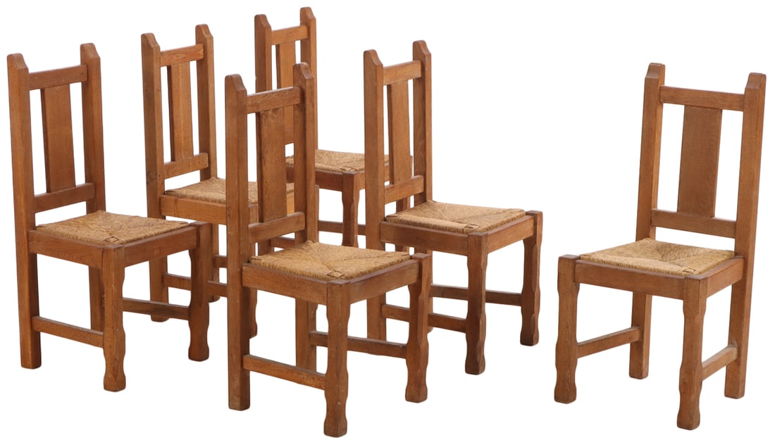 SIX BELGIAN BRUTALIST STYLE OAK AND RUSH DINING CHAIRS C 1960. (1 of 7)