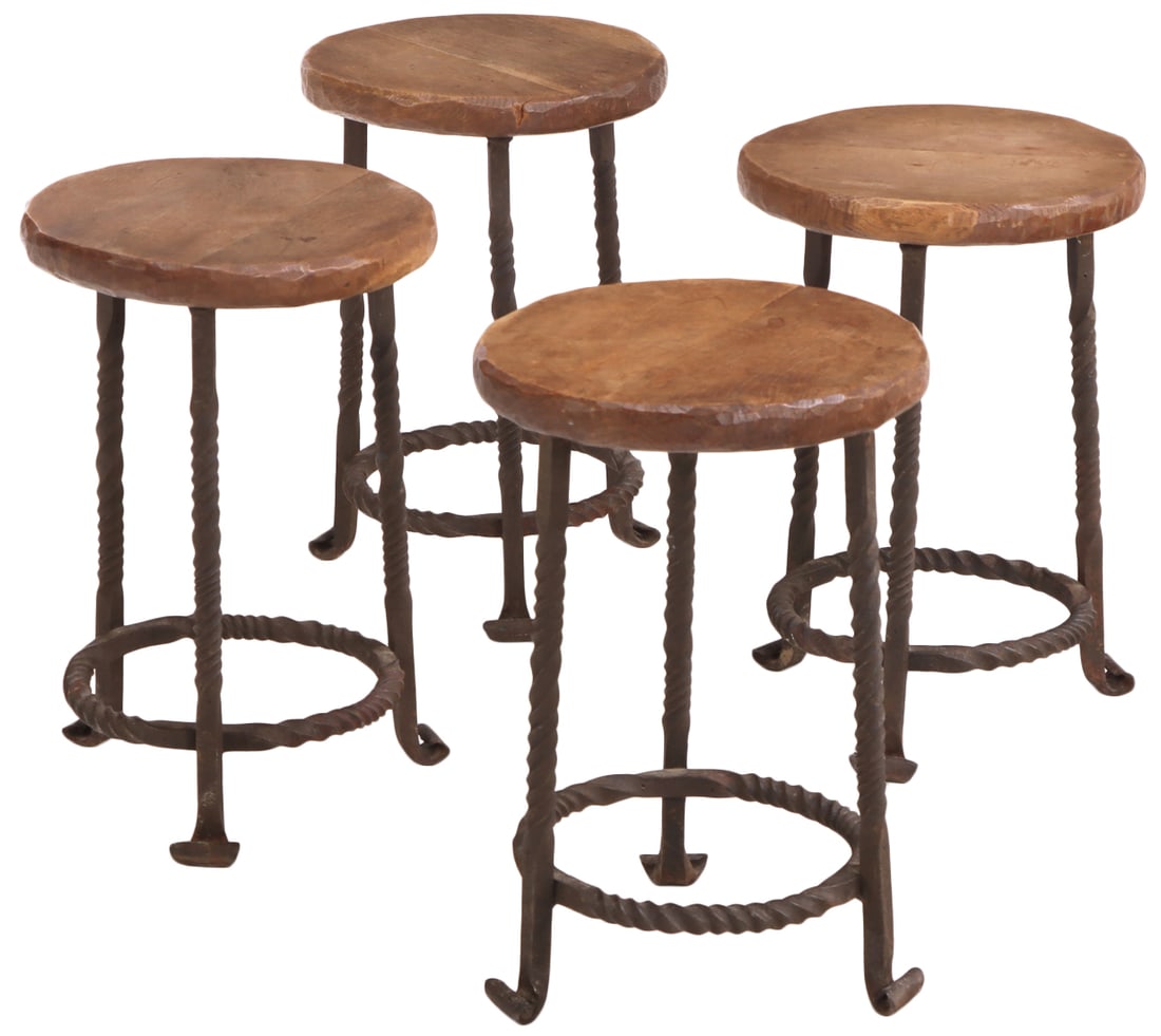 FOUR FRENCH OAK AND TWISTED IRON STOOLS WITH GOUGE CARVED EDGES C 1950. (1 of 4)