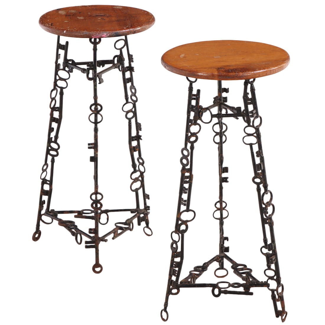 A PAIR OF IRON AND OAK STOOLS MADE FROM SKELETON KEYS AND BRANDED TO UNDERSIDE BY THE ARTIST C (1 of 6)