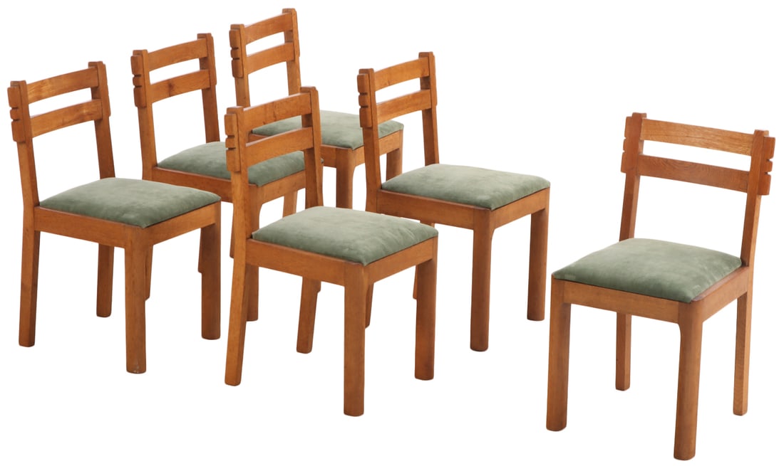 SIX FRENCH SOLID OAK DINING CHAIRS ATTRIBUTED TO CHARLES DUDOUYT C 1945. (1 of 6)