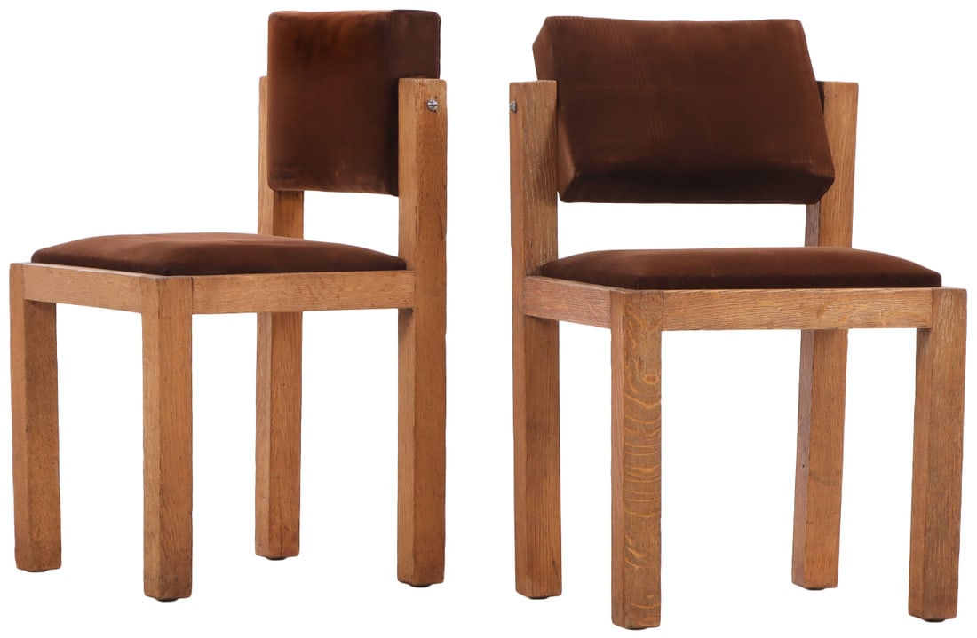 PAIR OF FRENCH BRUTALIST STYLE OAK CHAIRS HAVING SWIVEL BACKS C 1945. (1 of 6)