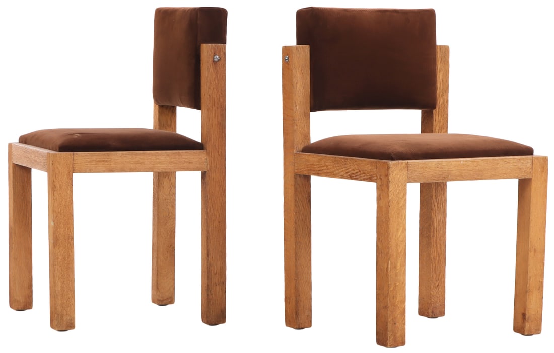 PAIR OF FRENCH BRUTALIST STYLE OAK CHAIRS HAVING SWIVEL BACKS C 1945. (1 of 7)