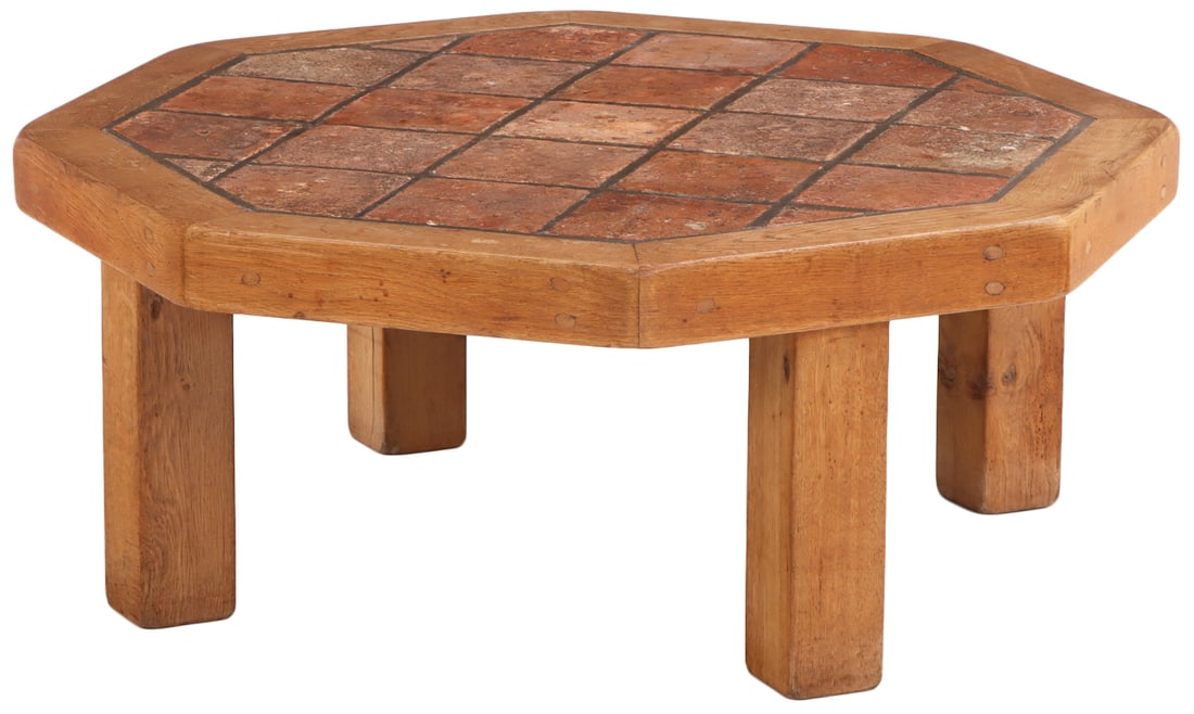 FRENCH SOLID OAK BRUTALIST STYLE TILE TOP COFFEE TABLE HAVING EIGHT SIDES C 1960. (1 of 5)