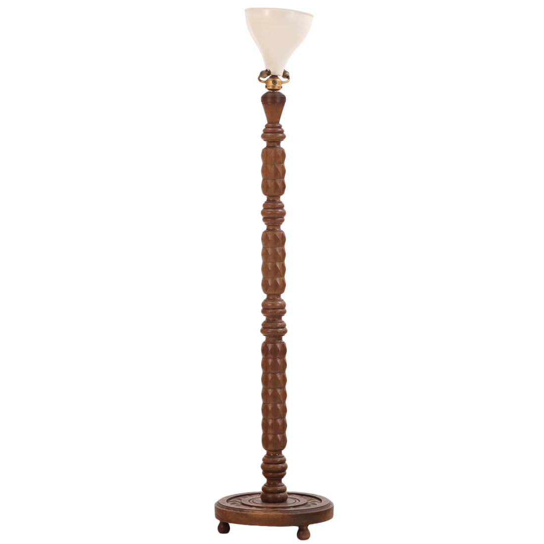 FRENCH OAK FLOOR LAMP WITH DIAMOND PATTERN ATTRIBUTED TO CHARLES DUDOUYT C 1940. (1 of 6)