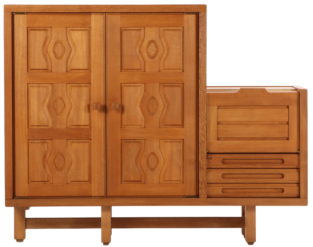 FRENCH OAK BAR CABINET WITH TRAVERTINE MIXING SURFACE BY GUILLERME AND CHAMBRON C 1970. (1 of 7)