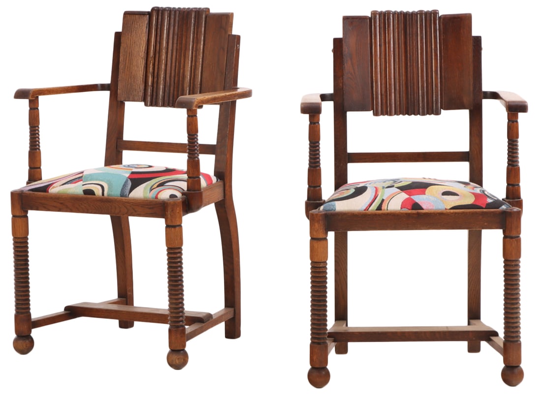 PAIR OF FRENCH OAK ARM CHAIRS BY CHARLES DUDOUYT HAVING TURNED ELEMENTS AND BALL FEET C 1940. (1 of 7)
