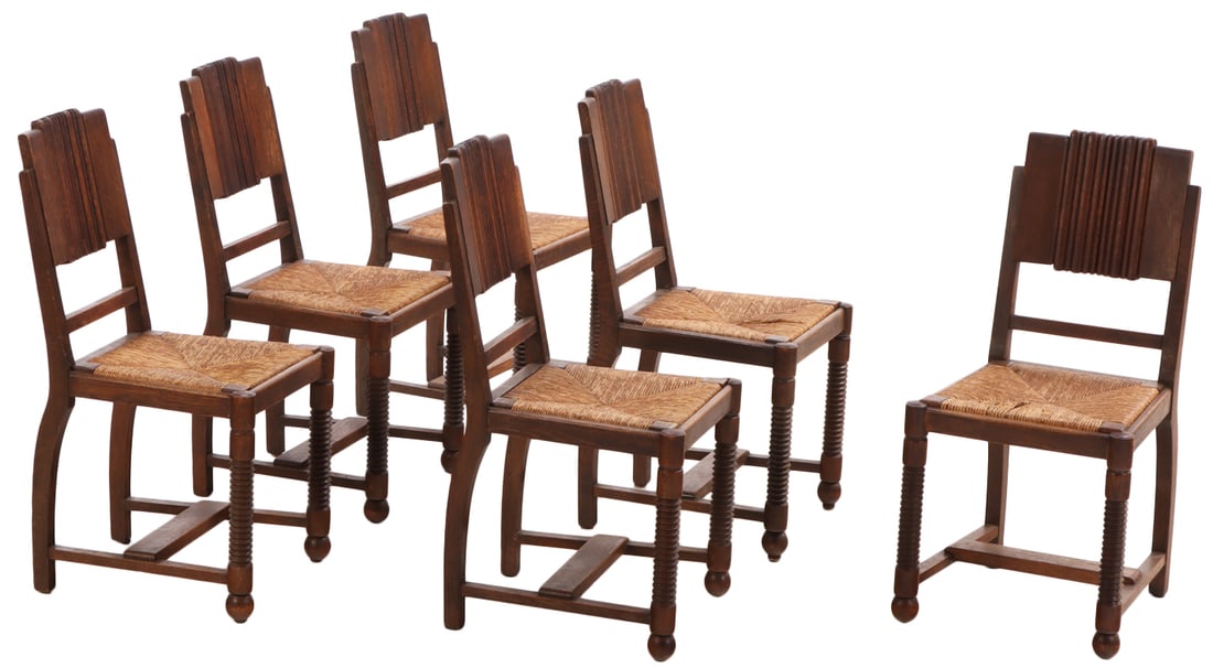 SIX FRENCH OAK SIDE CHAIRS BY CHARLES DUDOUYT HAVING TURNED ELEMENTS AND BALL FEET C 1940. (1 of 8)
