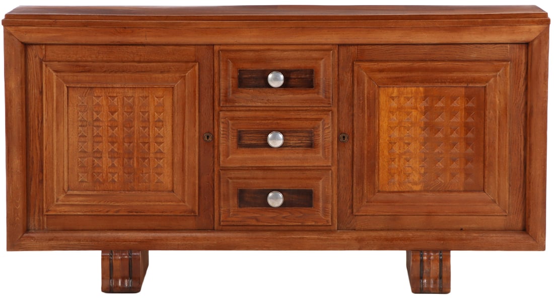 FRENCH OAK SIDEBOARD IN THE MANNER OF CHARLES DUDOUYT WITH DIAMOND DESIGN C 1940. (1 of 7)