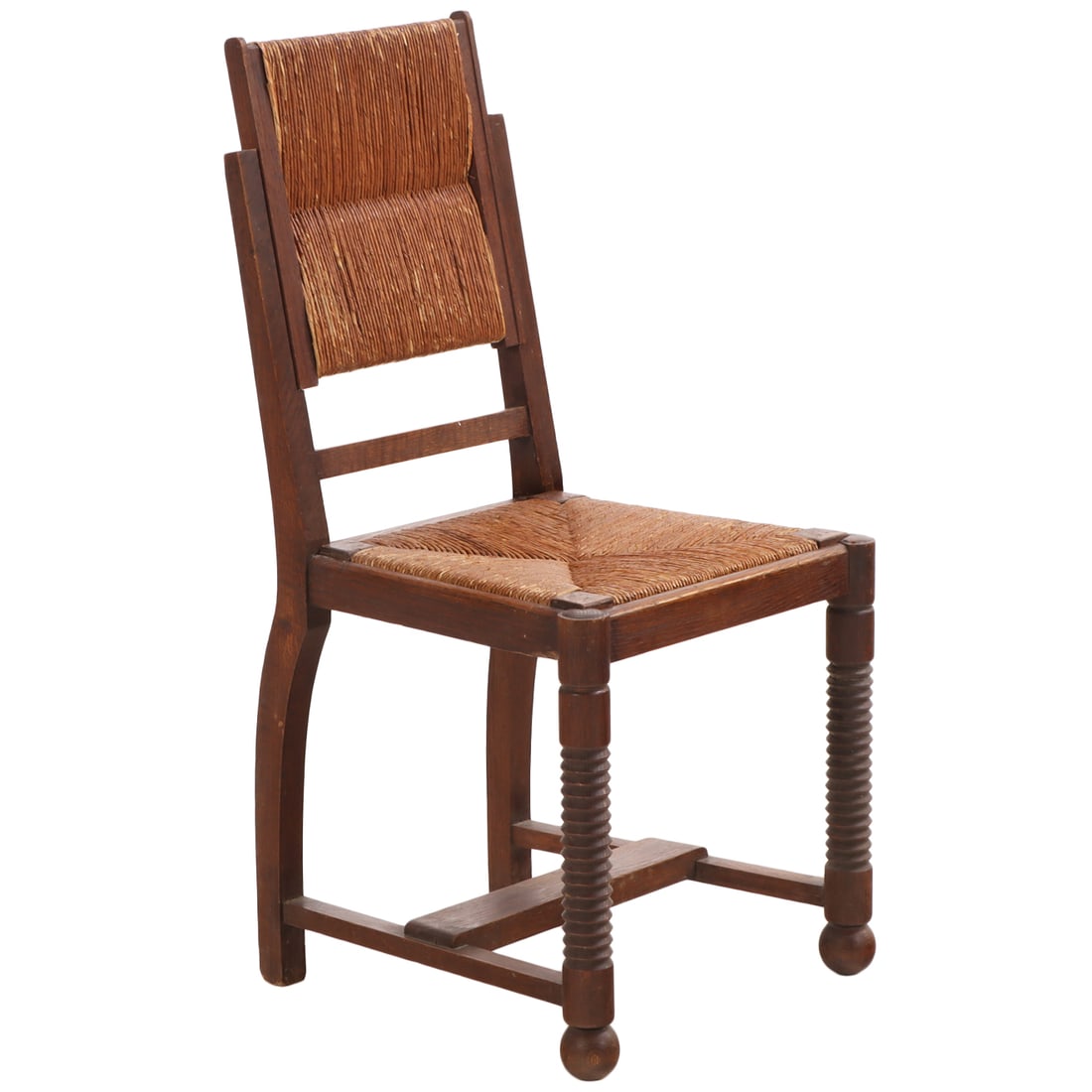 FRENCH OAK SIDE CHAIRS WITH A RUSH BACK ATTRIBUTED TO CHARLES DUDOUYT C 1940. (1 of 6)