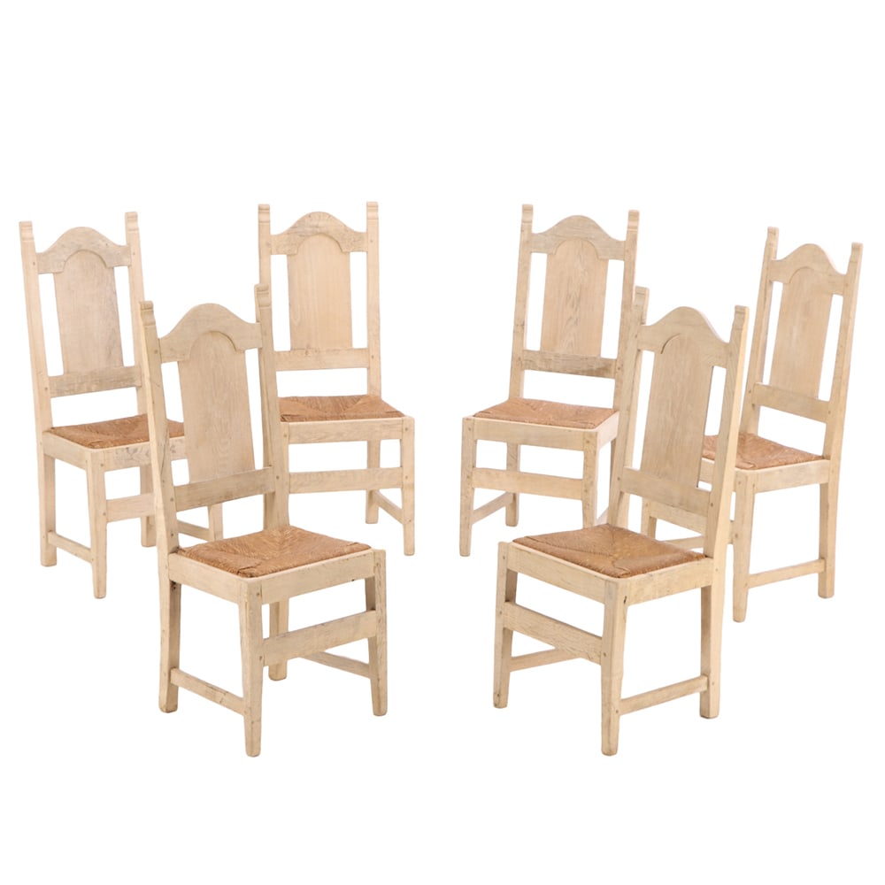 SET OF SIX BELGIAN DINING CHAIRS WITH RUSH SEATS AND HIGH ARCHED BACKS CIRCA 1960.: Set of six Belgian dining chairs with rush seats and high arched backs circa 1960. Ht: 42.75" Wd: 17.75" Dpth: 18" Seat: 18"