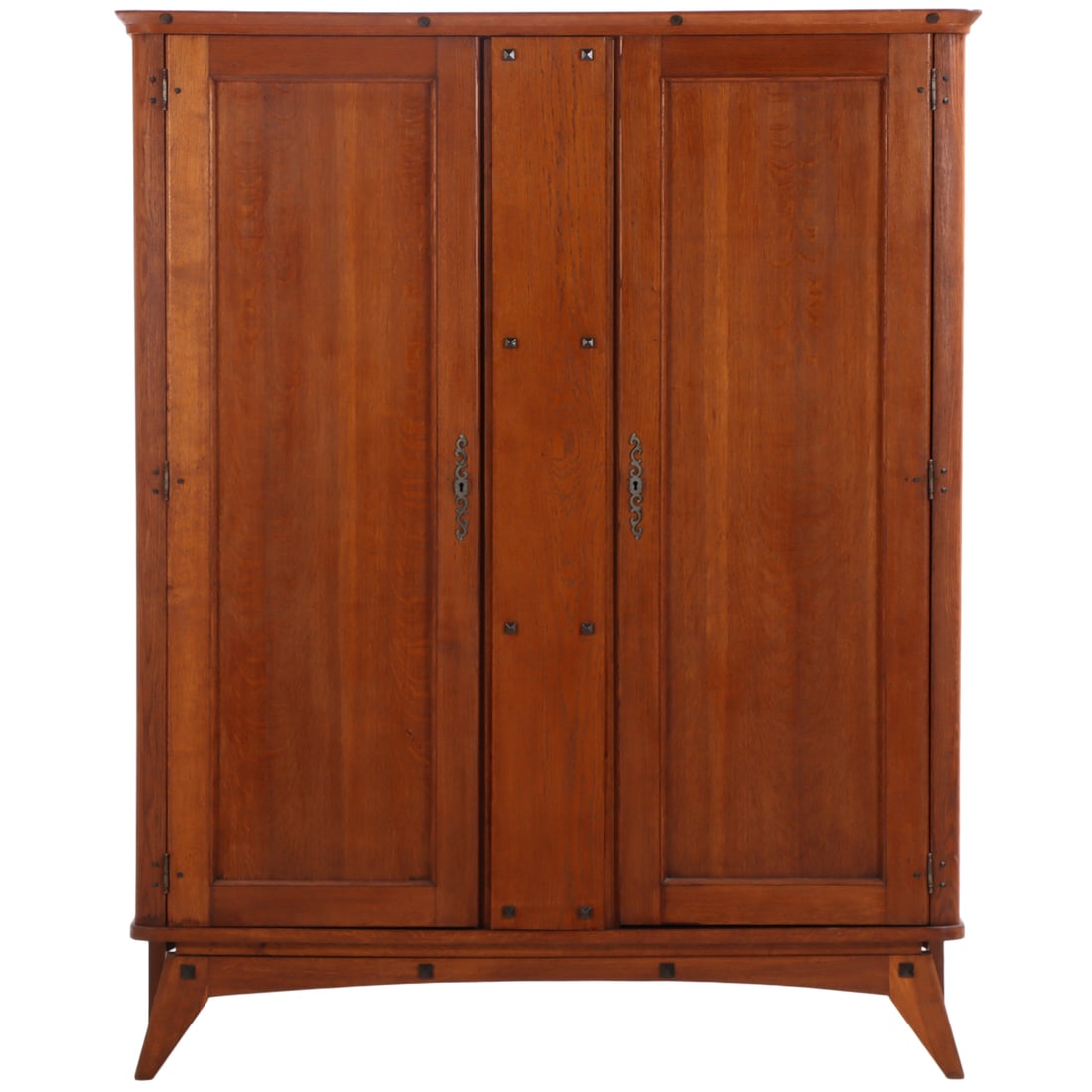FRENCH TWO DOOR BRUTLIST STYLE OAK CABINET WITH IRON STUDS C 1945. DISMANTLES FLAST FOR (1 of 6)
