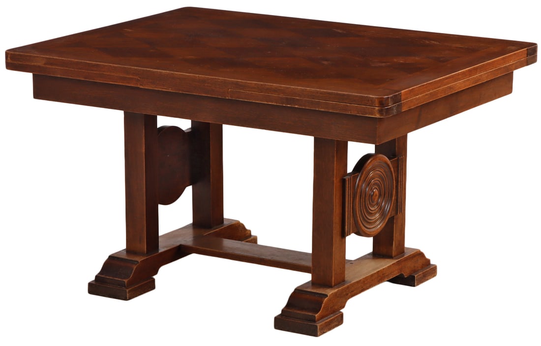 FRENCH WALNUT DINING TABLE WITH CIRCULAR DESIGN AND TWO RETRACTABLE LEAVES C 1940 IN THE MANNER OF (1 of 5)