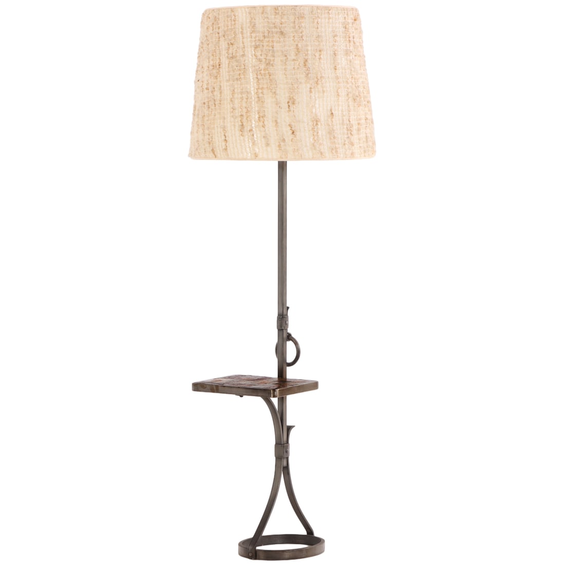 FRENCH IRON FLOOR LAMP WITH STONE SHELF C 1960 IN THE MANNER OF JACQUES ADNET. (1 of 5)
