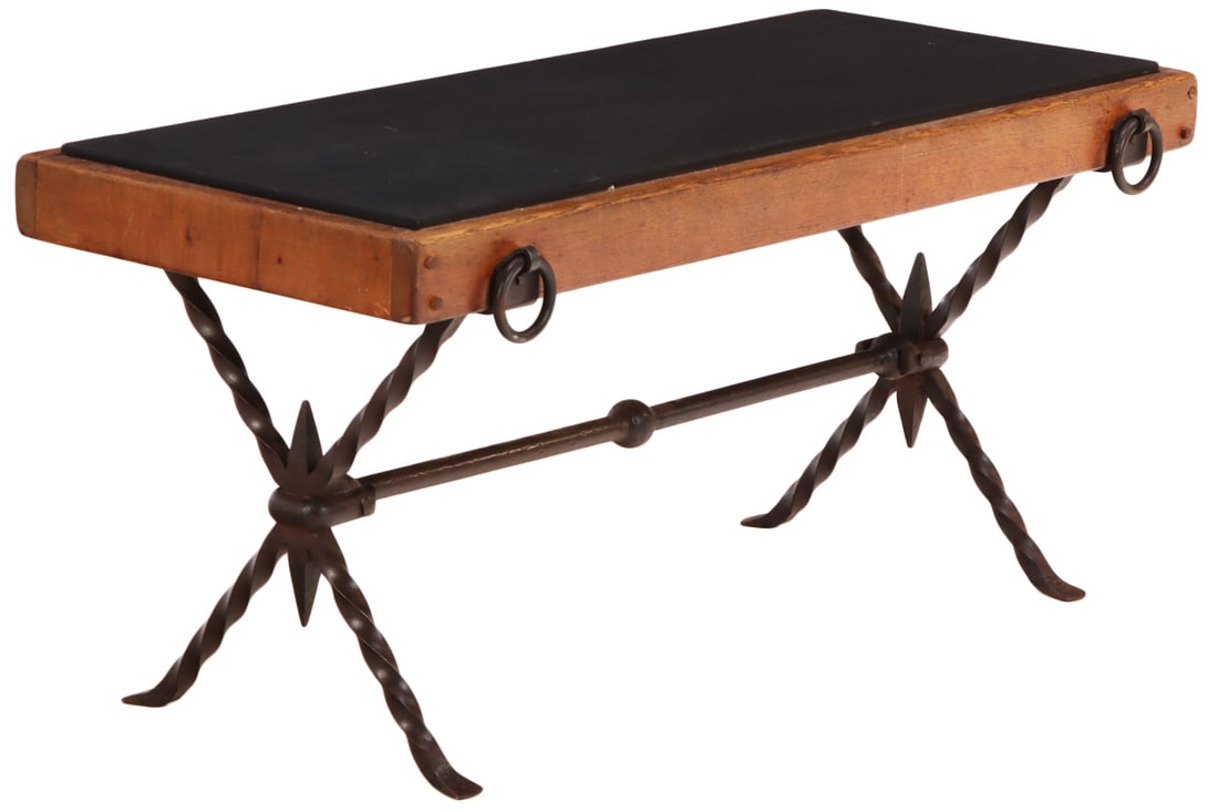 FRENCH BRUTALIST STYLE COFFEE TABLE MADE WITH OAK, IRON AND STONE C 1955. (1 of 5)