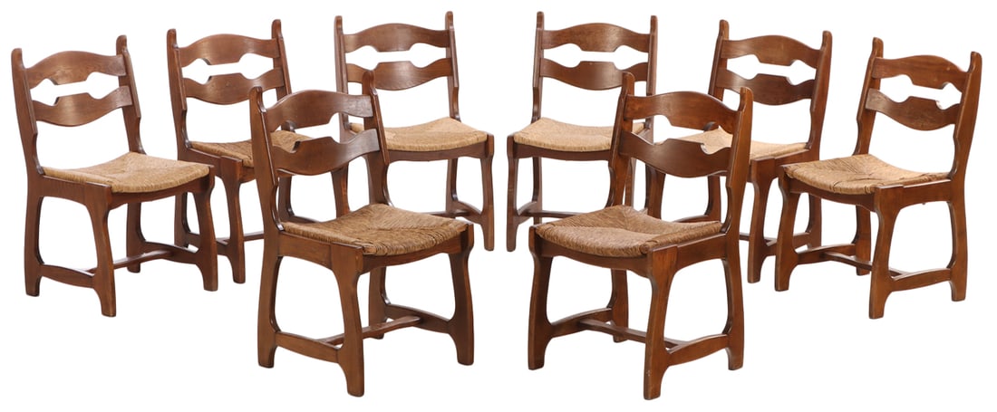 EIGHT BELGIAN OAK AND RUSH DINING CHAIRS IN THE BRUTALIST STYLE C 1960 (1 of 8)