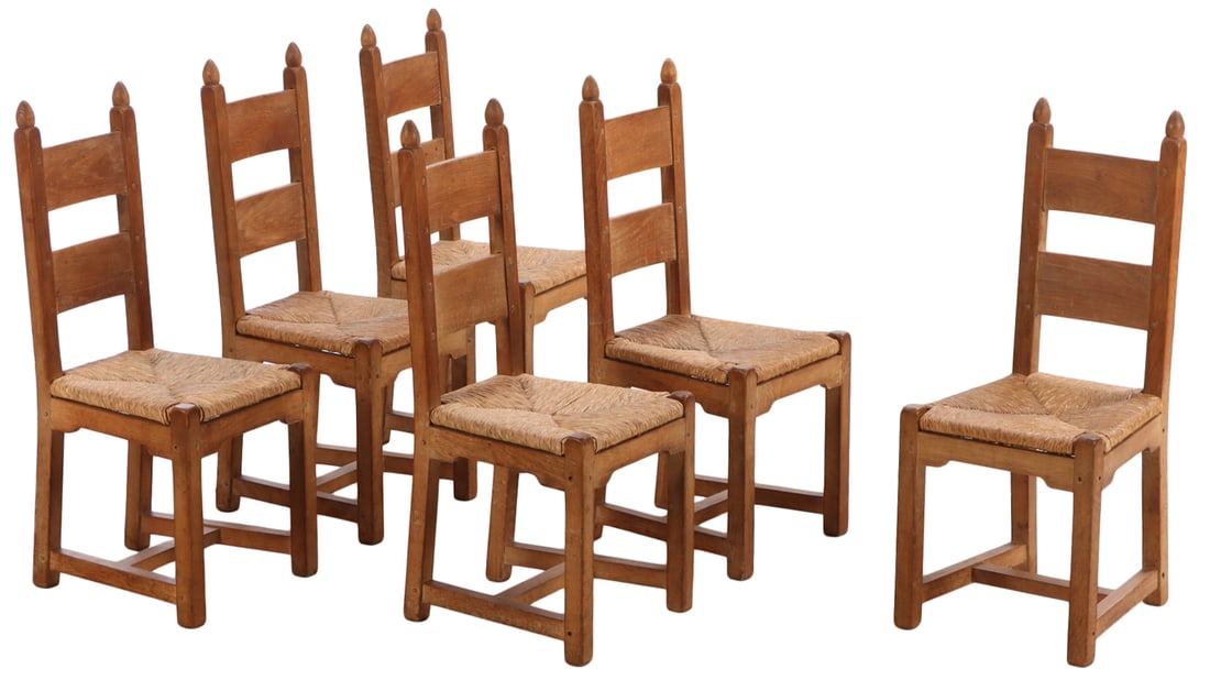 SIX BELGIAN OAK AND RUSH BRUTALIST STYLE DINIJNG CHAIRS C 1960 HAVING RUSH SEATS AND EXPOSED DOWEL (1 of 6)