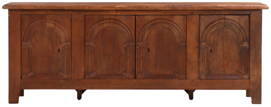 FRENCH OAK SIDEBOARD HAVING ARCHED DOORS WITH TRUMP L'OIEL EFFECT C 1960. (1 of 7)