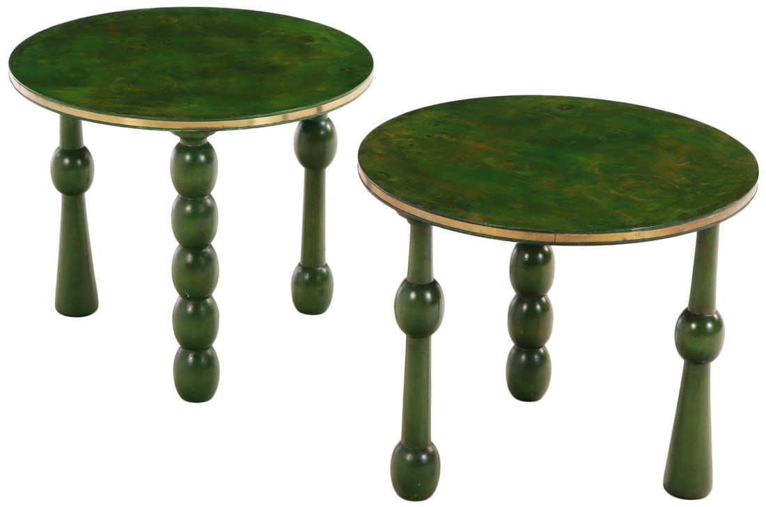 PAIR OF ASYMETRIC END TABLES HAVING OLIVE WOOD TOPS AND A GREEN TINT FINISH. (1 of 4)
