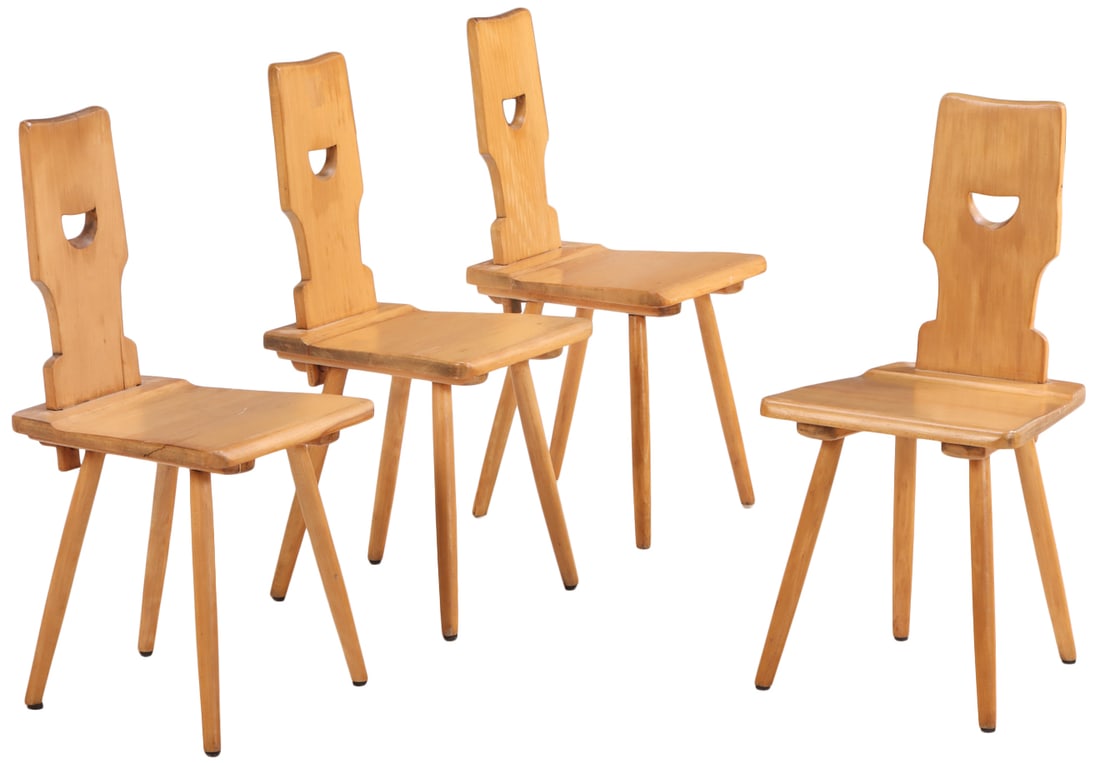 A SET OF FOUR BELGIAN BRUTALIST PINE CAFE CHAIRS WITH CUT OUT DESIGN C 1960 (1 of 7)