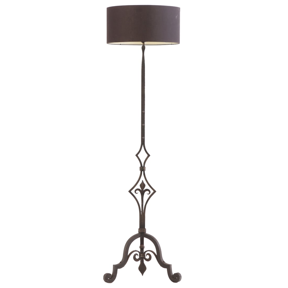 A FRENCH HAND WROUGHT IRON FLOOR LAMP WITH SHADE C 1960. EUROPEAN WIRING.: A French hand wrought iron floor lamp with shade C 1960. European wiring. Ht: 66.5" Wd: 21.5" Dpth: 21.5"