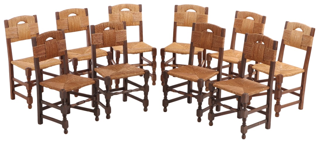 A SET OF TEN FRENCH DINING CHAIRS IN THE MANNER OF CHARLES DUDOUYT HAVING RUSH BACKS WITH A WOVEN (1 of 8)