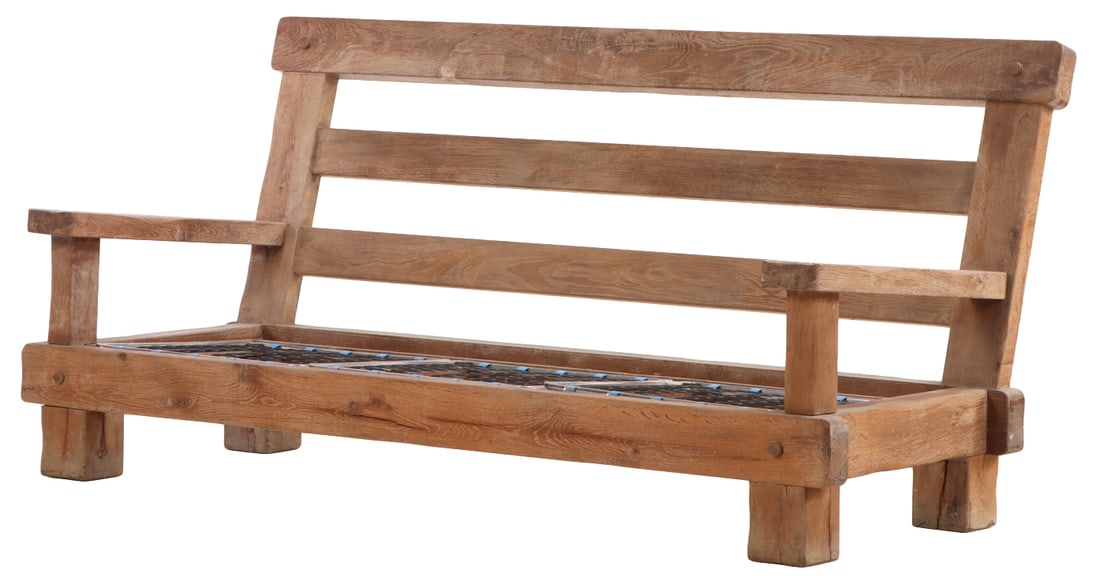 FRENCH BRUTALIST STYLE OAK SOFA MADE FROM VERY THICK LUMBER C 1950.: French Brutalist style oak sofa made from very thick lumber C 1950. Ht: 37" Wd: 79.5" Dpth: 37" Seat: 11"