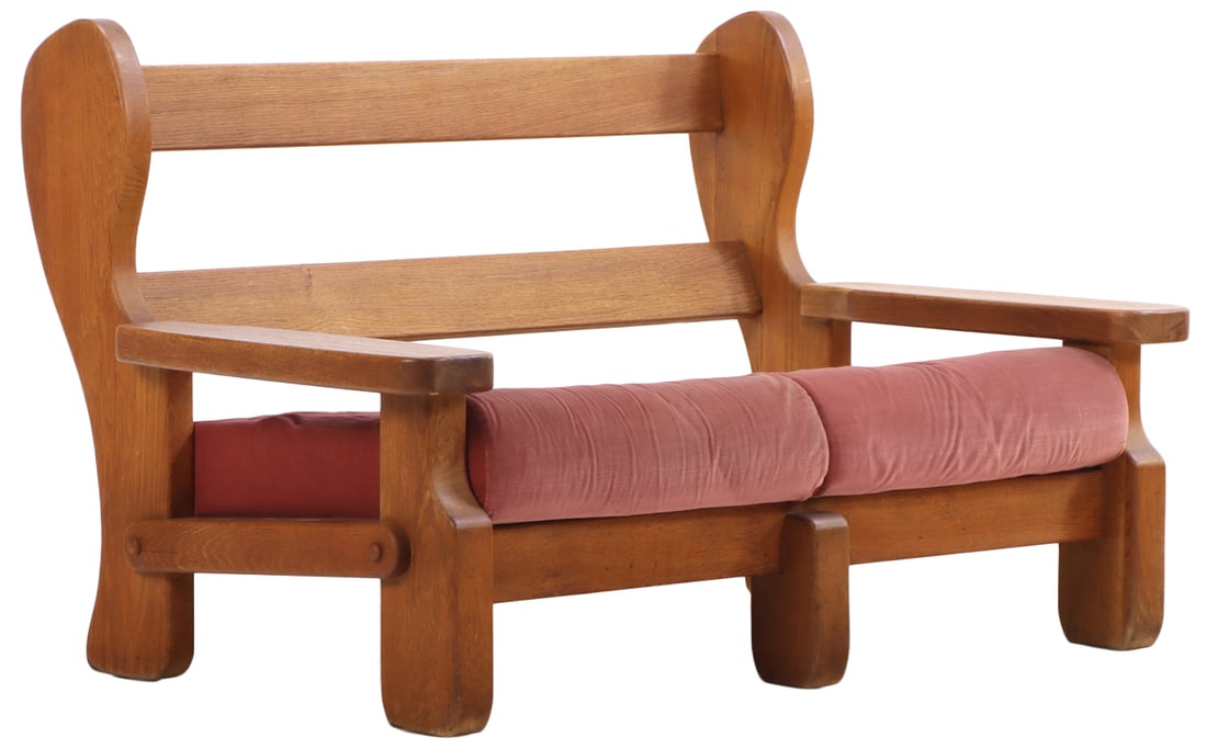 HEAVY BELGIAN OAK BRUTALIST STYLE TWO SEAT SETTEE OR LOVESEAT WITH LOOSE CUSHIONS C 1960. (1 of 7)