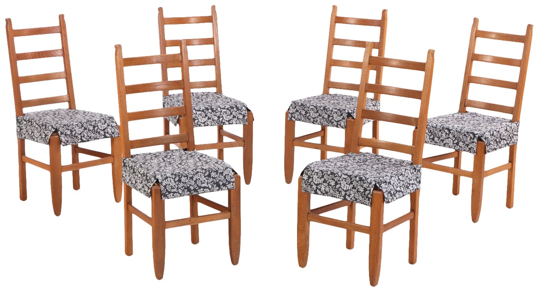 SIX FRENCH OAK DINING CHAIRS C 1950 HAVING SLAT BACK DESIGN. LACKING PROPER SEAT CUSHIONS.: Six French oak dining chairs C 1950 having slat back design. Lacking proper seat cushions. Ht: 41.75" Wd: 18.25" Dpth: 21" Seat: 20"