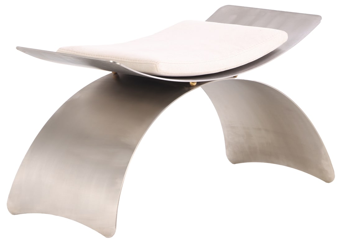 A TWO PIECE STAINLESS STEEL BENCH HAVING AN ARCHED BASE AND LOOSE CUSHION. (1 of 5)