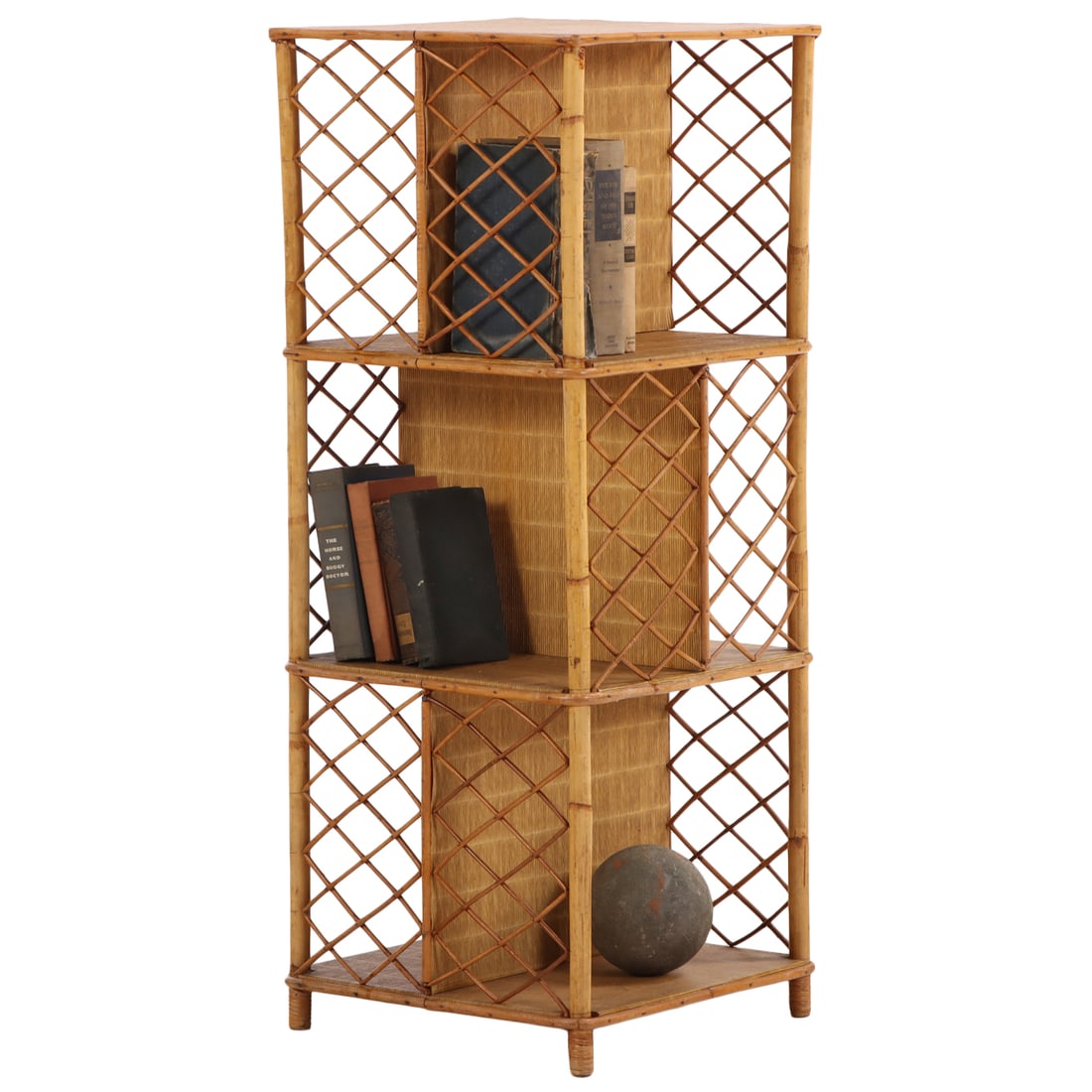 SQUARE FRENCH RATTAN OPEN BOOKSHELF FINISHED ON ALL SIDES C 1950. (1 of 5)