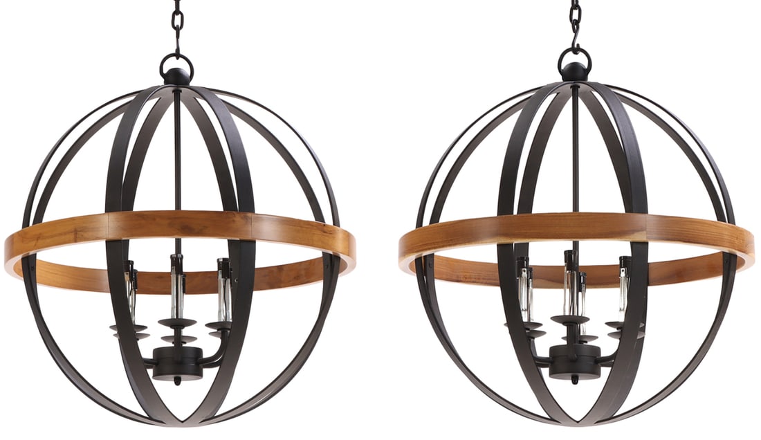 A PAIR OF PENDANT GLOBE LIGHT FIXTURES HAVING SIX INTERIOR LIGHTS. (1 of 7)