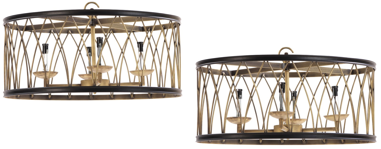 A PAIR OF CIRCULAR FLUSH MOUNT LIGHT FIXTURES HAVING FOUR INTERIOR LIGHTS. (1 of 6)