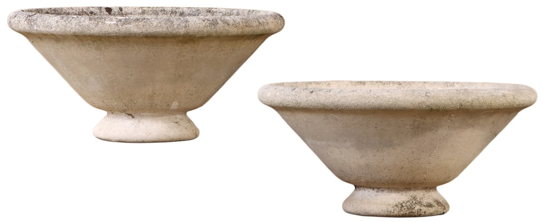 PAIR OF 26" WIDE FRENCH MODERNIST CAST STONE FOOTED PLANTERS C 1970 (1 of 4)