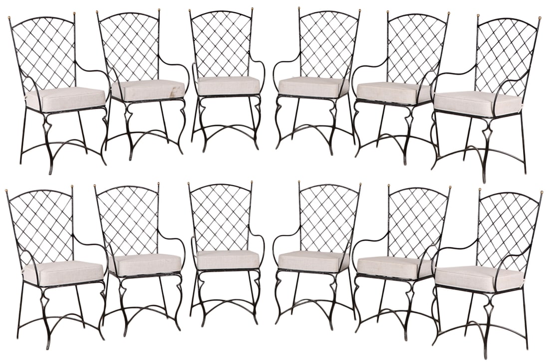 A SET OF TWELVE LARGE SCALE PAINTED IRON PATIO CHAIRS IN THE MANNER OF JEAN ROYERE, CUSHIONS ARE (1 of 6)