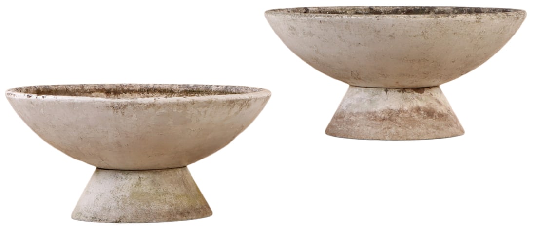 A PAIR OF FRENCH MODERNIST TWO-PIECE CAST STONE PLANTERS DESIGNED BY WILLY GUHL C 1970 (1 of 4)