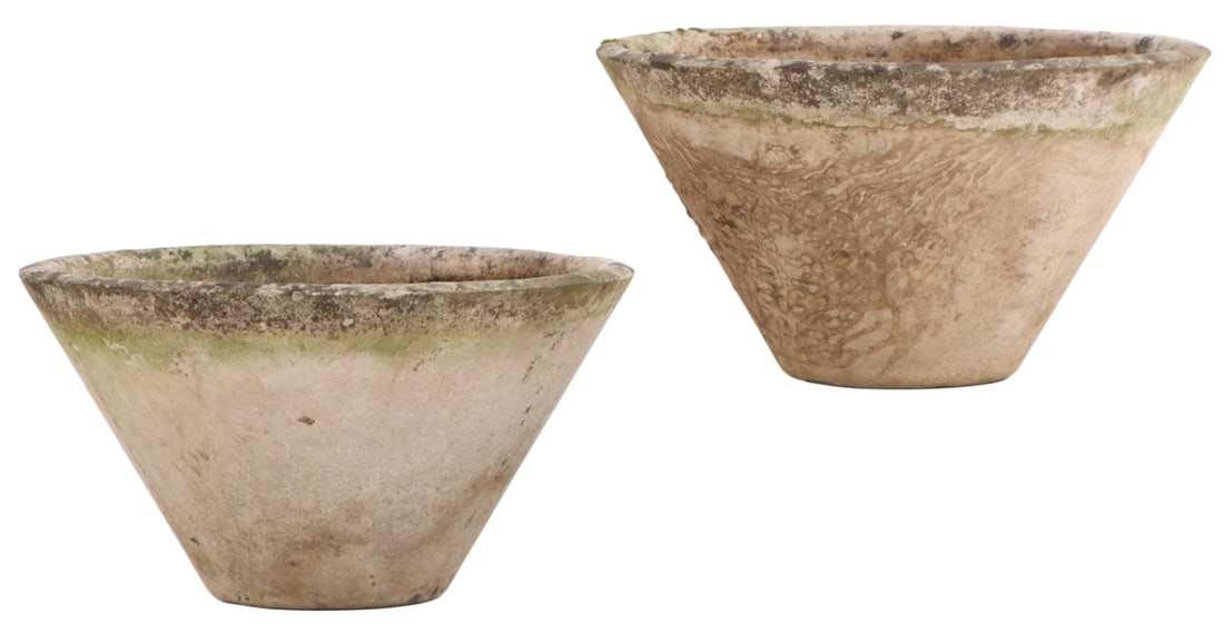 PAIR OF TAPERED FRENCH MODERNIST CAST STONE PLANTERS DESIGNED BY WILLY GUHL C 1970.: Pair of tapered French Modernist cast stone planters designed by Willy Guhl C 1970. Ht: 12" Wd: 21.75" Dpth: 21.75"