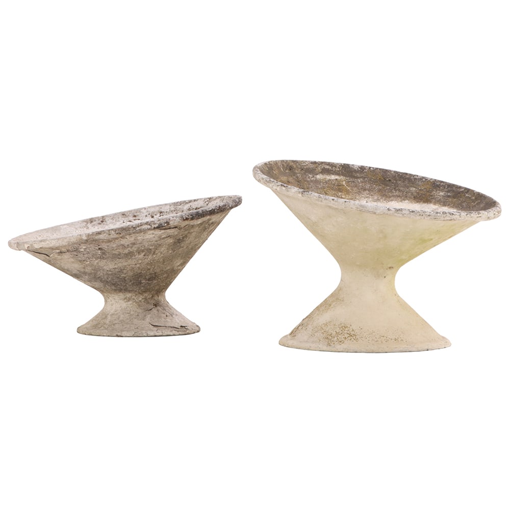 TWO FRENCH CAST STONE CANTED DISC PLANTERS DESIGNED BY WILLY GUHL C 1970 (1 of 5)