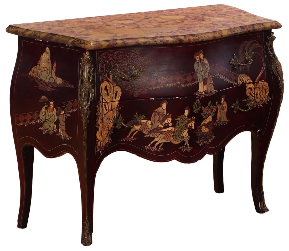 FRENCH CHINOISERIE DECORATED MARBLE TOP BOMBAY COMMODE WITH BRONZE MOUNTS C 1950. (1 of 9)