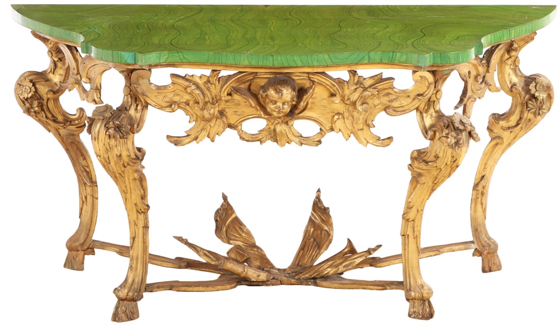 ITALIAN CARVED AND GILTWOOD CONSOLE TABLE MADE FORM EIGHTEENTH CENTURY ELEMENTS HAVING A LATER (1 of 7)