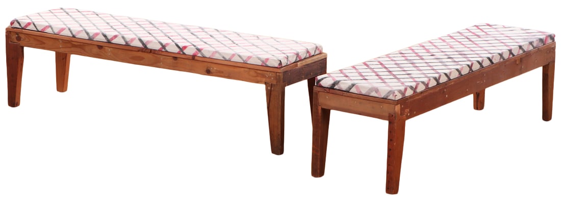 PAIR CABINET MADE BENCHES WITH HAND PAINTED FABRIC SEATS. DESIGNED TO HAVE A FABRIC SKIRT. (1 of 6)