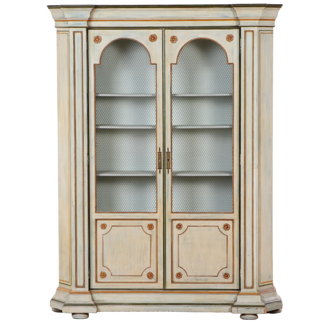 PAINTED AND GILT TWO DOOR CABINET HAVING WIRE ARCHED DOOR PANELS C 1950. (1 of 8)