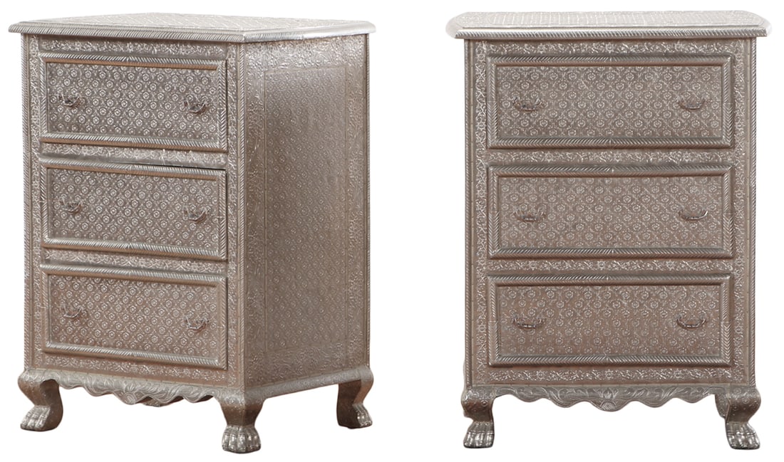 UNUSUAL PAIR OF INDIAN METAL CLAD THREE DRAWERS CHESTS. (1 of 7)