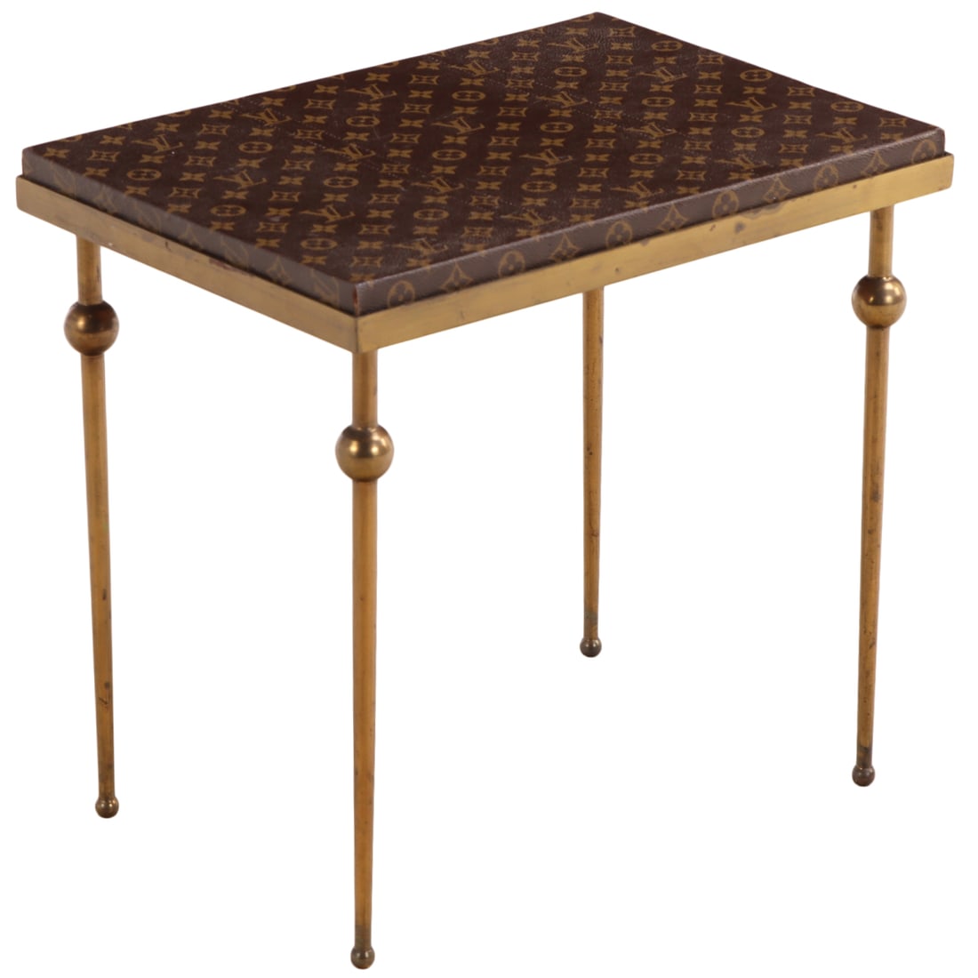 FRENCH BRASS OCCASIONAL TABLE C 1940 COVERED WITH LOUIS VUITTON FABRIC. (1 of 4)