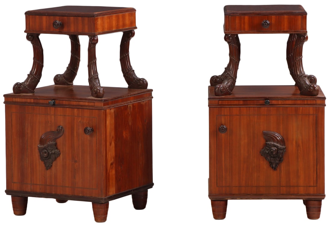 PAIR OF CARVED MAHOGANY NIGHT STANDS HAVING PULL OUT TRAYS AND PORCELAIN LINED CABINETS C 1900. (1 of 7)