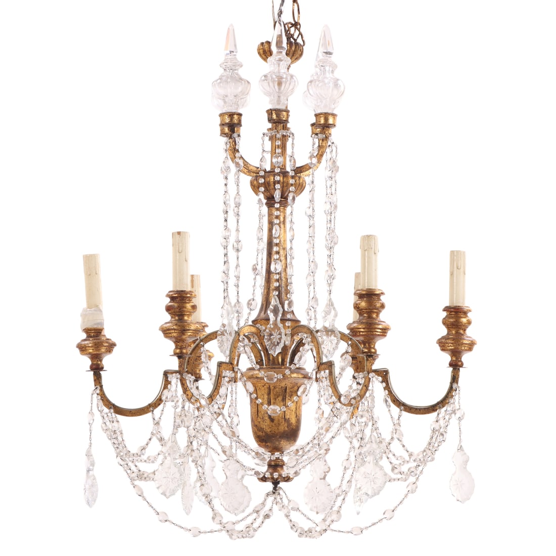 SIX ARM ITALIAN GILTWOOD AND CRYSTAL CHANDELIER. (1 of 7)