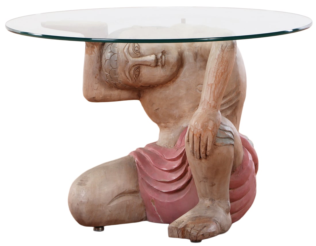 PAINTED AND CARVED WOOD COFFEE TABLE HAVING AN EGYPTIAN FIGURE SUPPORTING A GLASS TOP. (1 of 5)