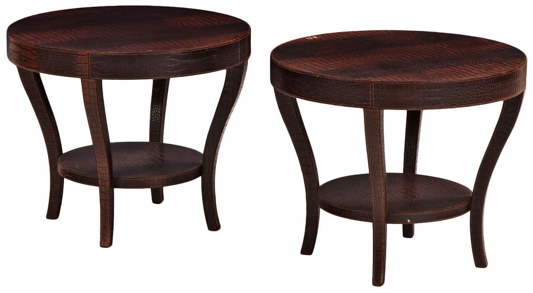 PAIR ROUND LEATHER END TABLES HAVING THE TEXTURE OF ALLIGATOR SKIN. (1 of 6)