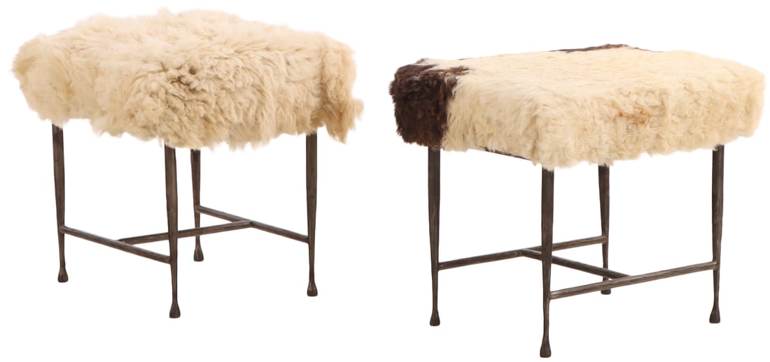PAIR OF HAND HAMMERED IRON BENCHES WITH FAUX FUR UPHOLSTERY. (1 of 5)
